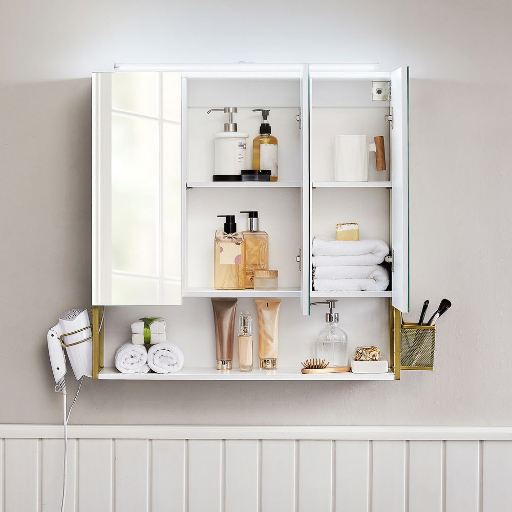 Armoire Murale avec Miroir, Meuble de Salle de Bain avec Lampe LED, 70 x  14,5 x 70 cm, Placard 3 Portes, Blanc et Doré