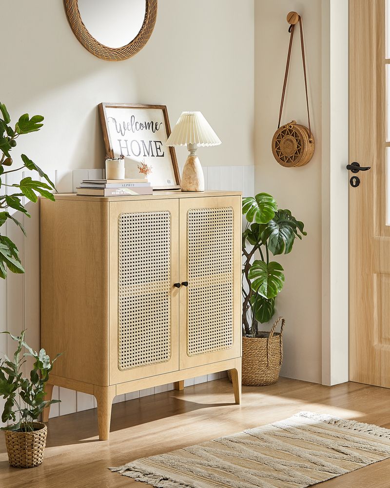 Buffet, Armoire de Rangement Boho, Meuble en Rotin avec Étagères Réglables,  80 x 40 x 90 cm, Couleur Boisée