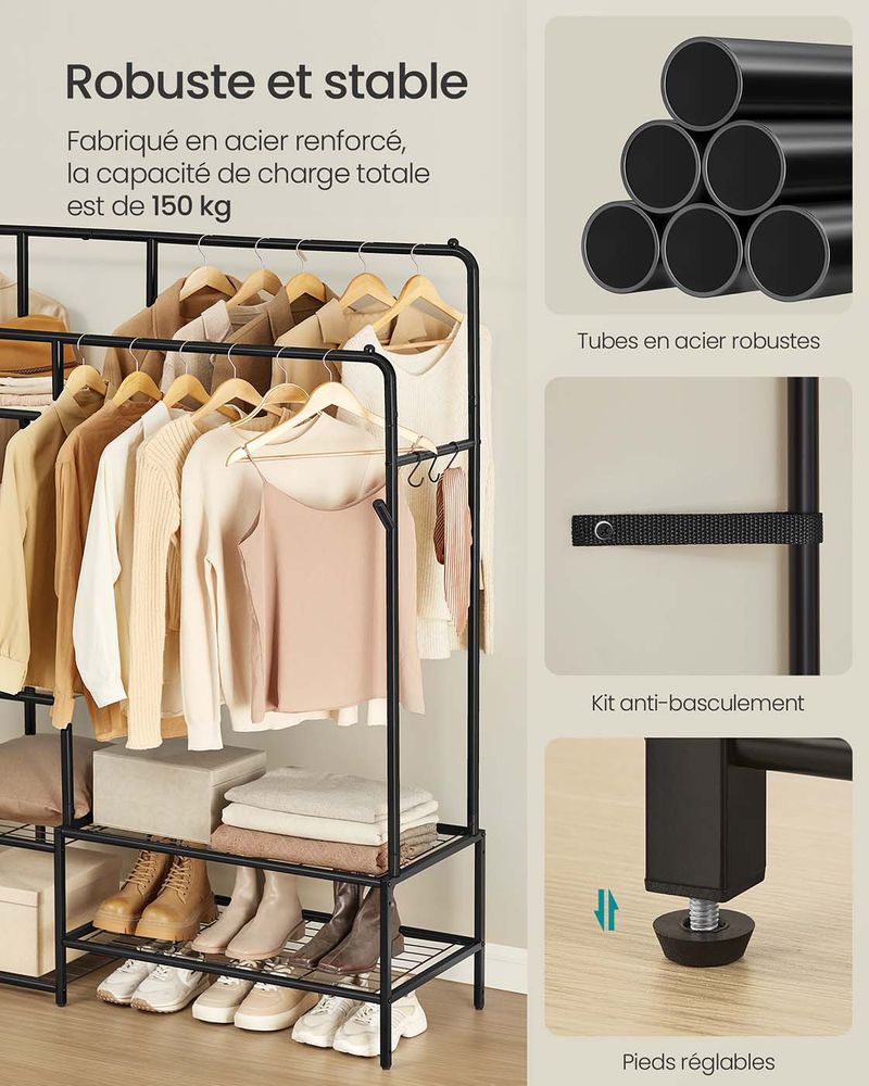 Portant à Vêtements SONGMICS Avec 2 étagères - Noir, 87.5x41x155cm, Rangement Pratique Pour Chambre/bureau