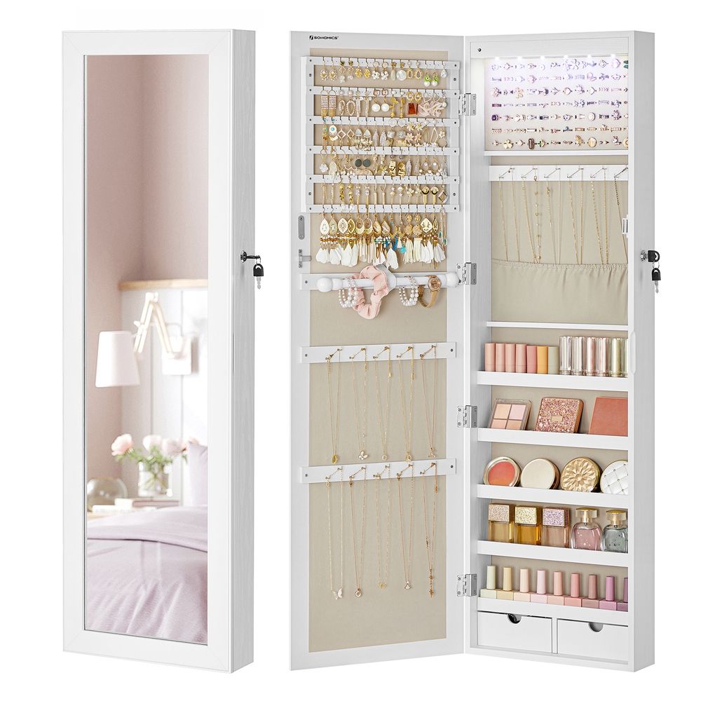 Armoire à Bijoux Avec Miroir Pleine Longueur - 157 Cm - 4 Roues Verrouillables - Rangement Organisé Blanc