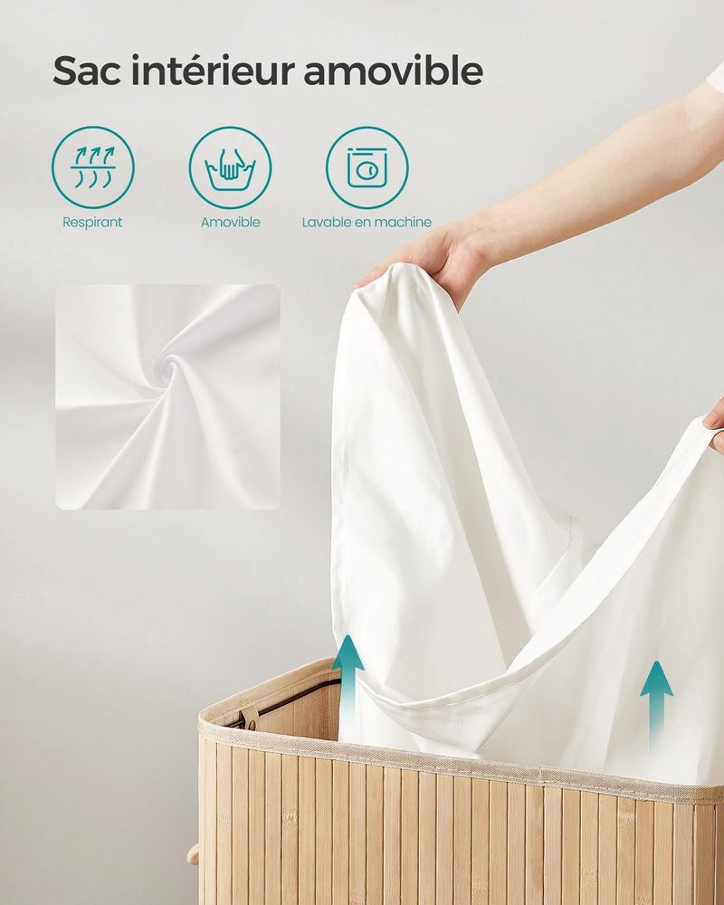 Panier à Linge Sale SONGMICS 100L Bambou - Avec Couvercle Et Sac Lavable - Poignées - 34.5x54.5x61cm