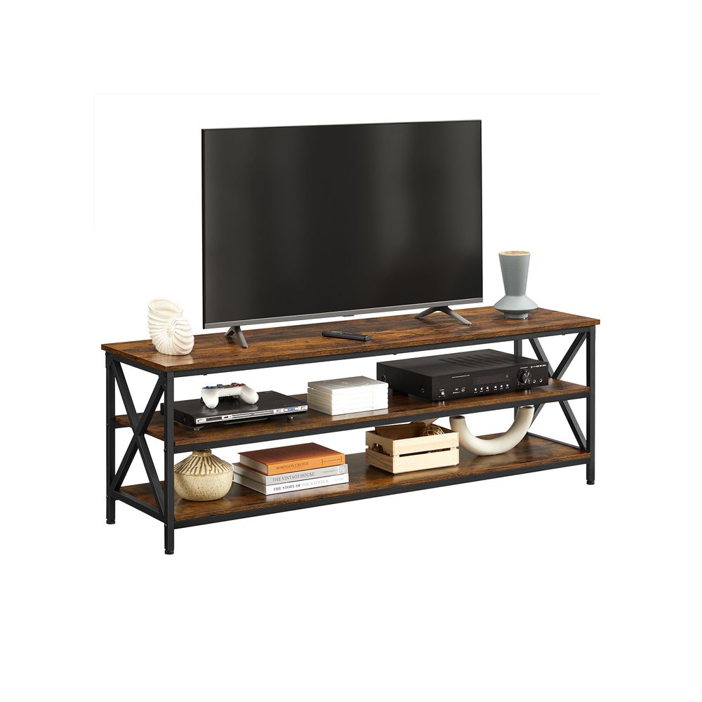 Vasagle meuble tv, support télé, table console, pour téléviseurs jusqu'à 65  pouces, avec étagères, cadre en acier en x, style industriel campagnard,  147 x 40 x 50 cm, marron rustique et noir