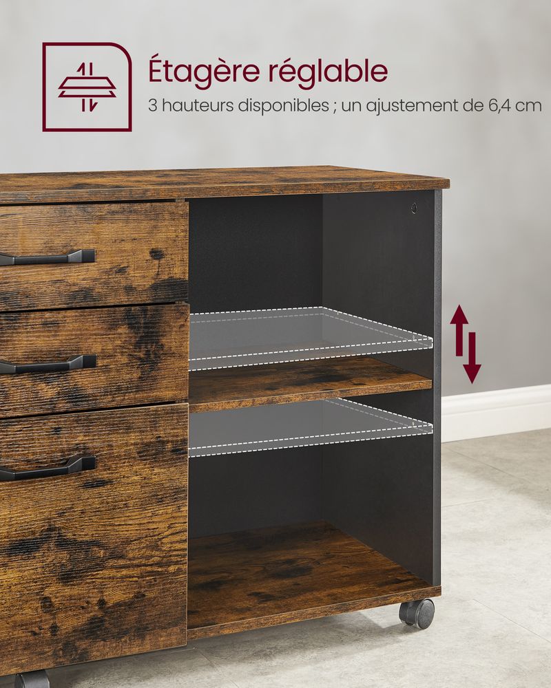 VASAGLE Caisson 3 tiroirs, Meuble rangement bureau avec compartiments  ouverts, pour format A4, documents, support d'imprimante, style industriel,  Marron Rustique et Noir par SONGMICS OFC041B01