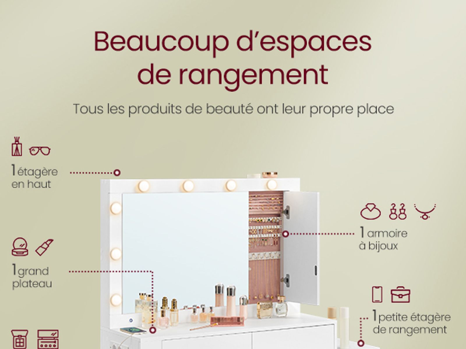 Coiffeuse Avec Miroir LED VASAGLE - Table Maquillage Tiroirs Tabouret