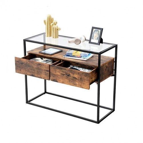 noir//bois naturel BTM Table console r/étro industrielle avec /étag/ère r/églable en maille pour maison
