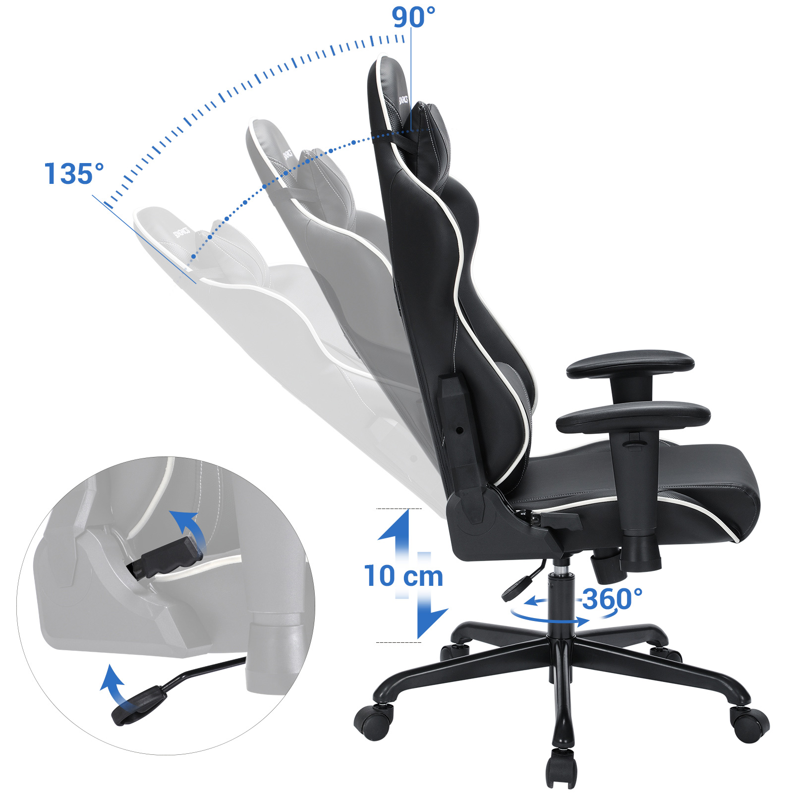 SONGMICS Fauteuil Gaming, Chaise Gamer, Siège de Bureau Racing, Inclinable, Ergonomique, avec